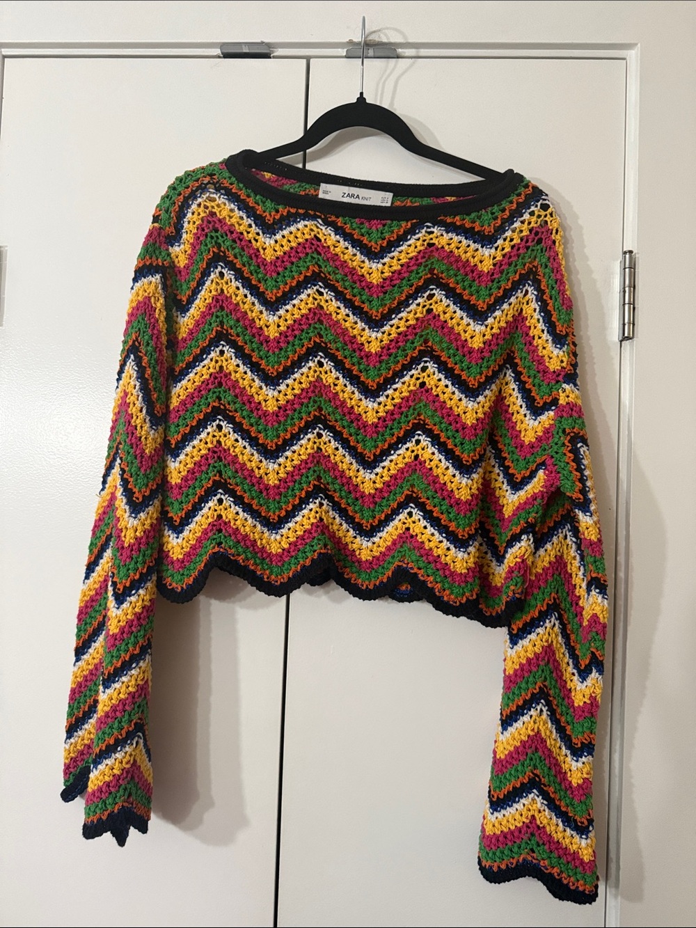 Zara Multicolor Crochet Zigzag Crewneck Sweater